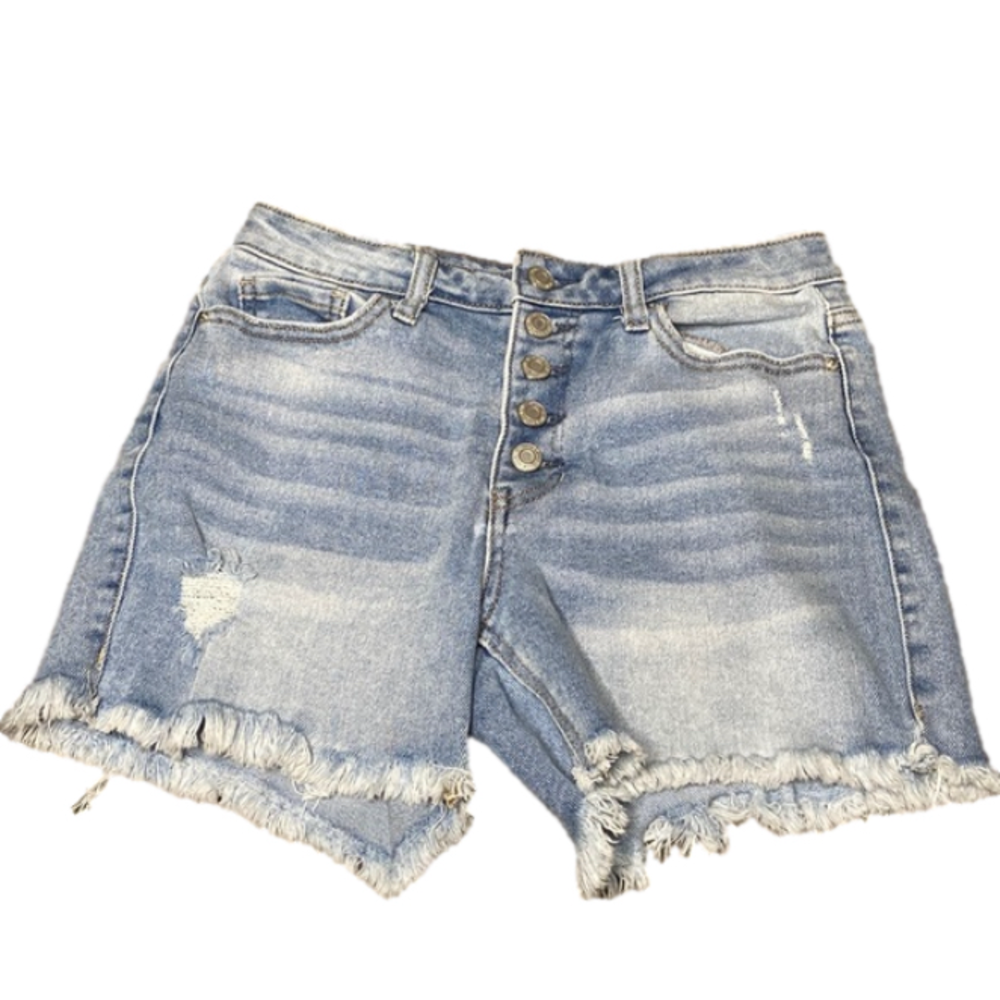 Vanilla Star High rise Midi Distressed Denim Jean Shorts 27 Waist Size J…